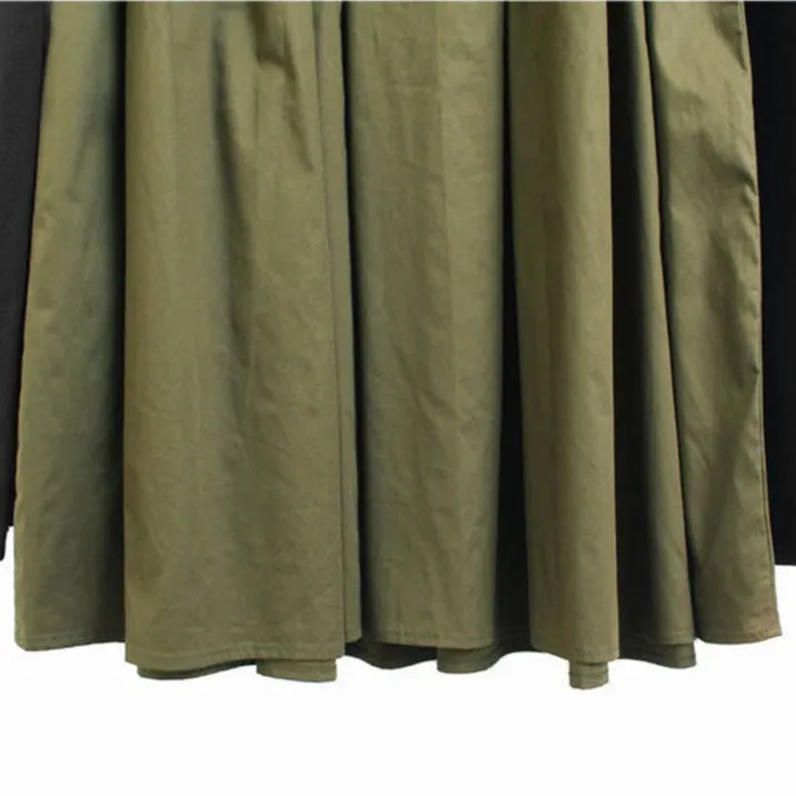 Two-Piece Black and Khaki Green Pleated Dress with Oversized Pullover