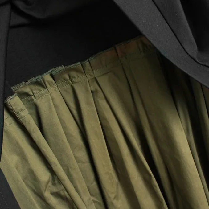 Two-Piece Black and Khaki Green Pleated Dress with Oversized Pullover