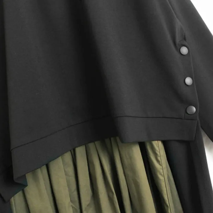 Two-Piece Black and Khaki Green Pleated Dress with Oversized Pullover