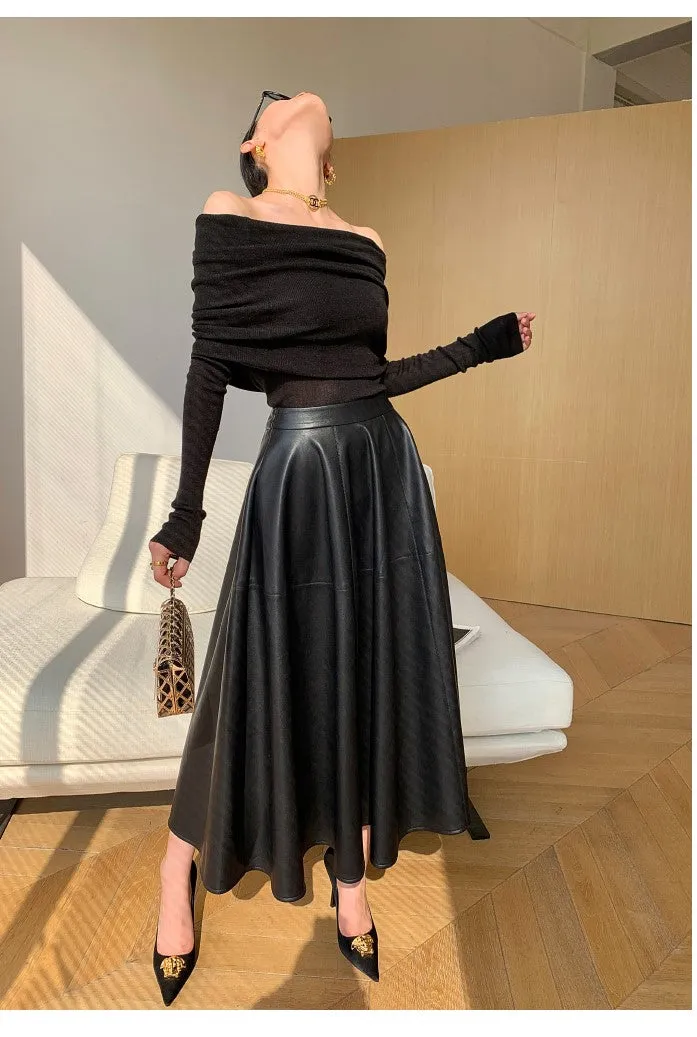 WANXO black vegan leather skirt new high waist A-line skirt umbrella skirt mid-length skirt- Riri