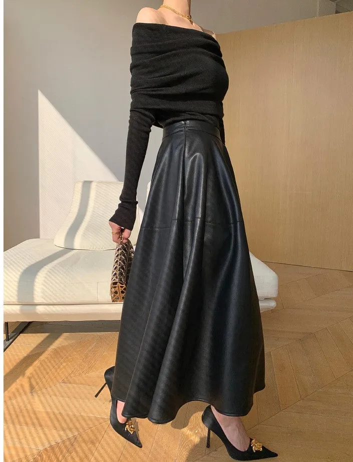 WANXO black vegan leather skirt new high waist A-line skirt umbrella skirt mid-length skirt- Riri