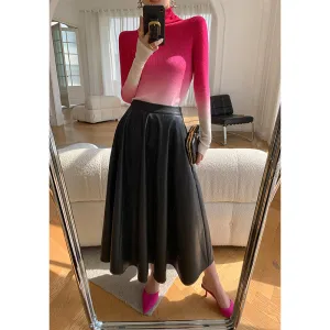 WANXO black vegan leather skirt new high waist A-line skirt umbrella skirt mid-length skirt- Riri