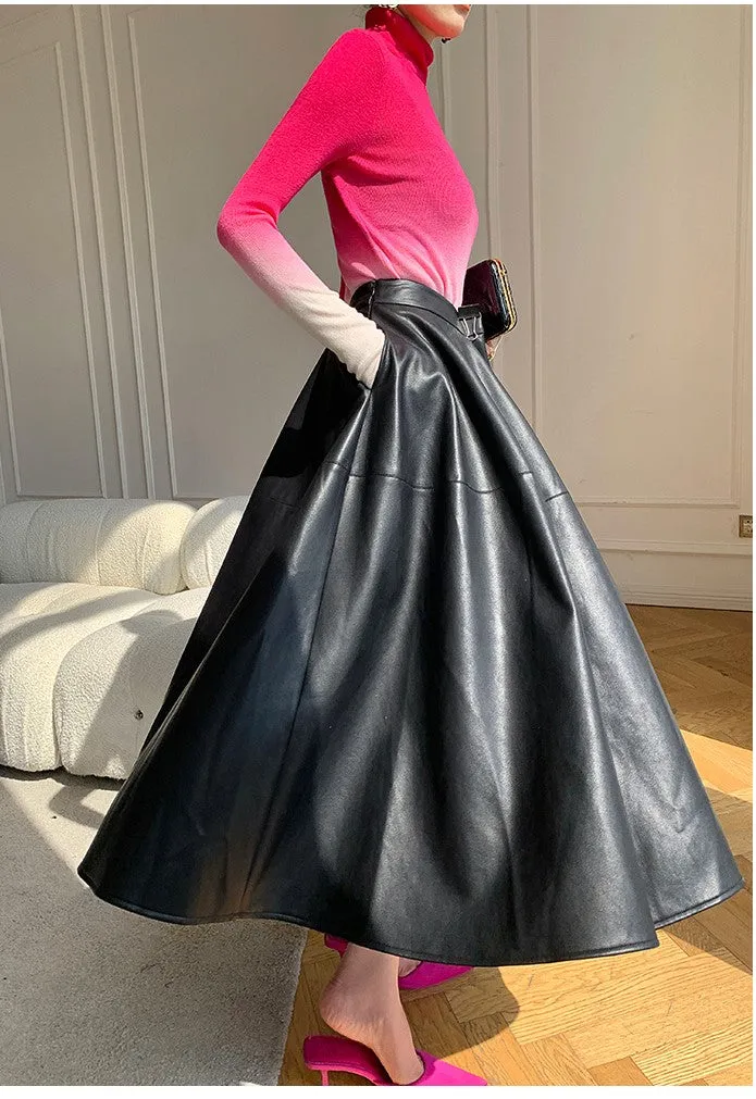 WANXO black vegan leather skirt new high waist A-line skirt umbrella skirt mid-length skirt- Riri