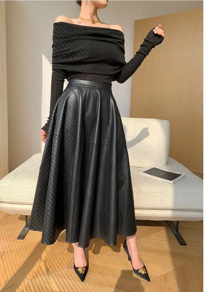 WANXO black vegan leather skirt new high waist A-line skirt umbrella skirt mid-length skirt- Riri