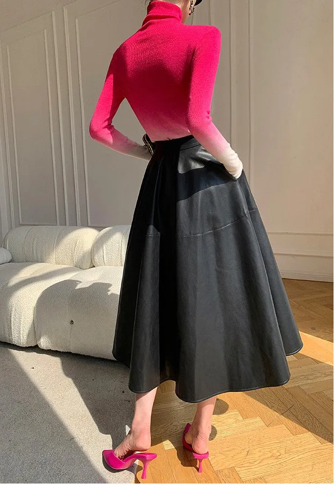 WANXO black vegan leather skirt new high waist A-line skirt umbrella skirt mid-length skirt- Riri