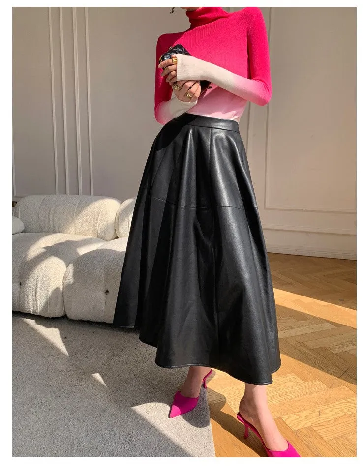 WANXO black vegan leather skirt new high waist A-line skirt umbrella skirt mid-length skirt- Riri