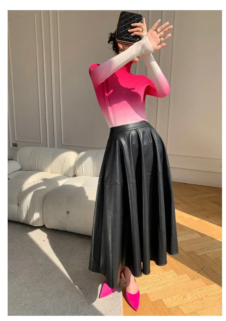 WANXO black vegan leather skirt new high waist A-line skirt umbrella skirt mid-length skirt- Riri