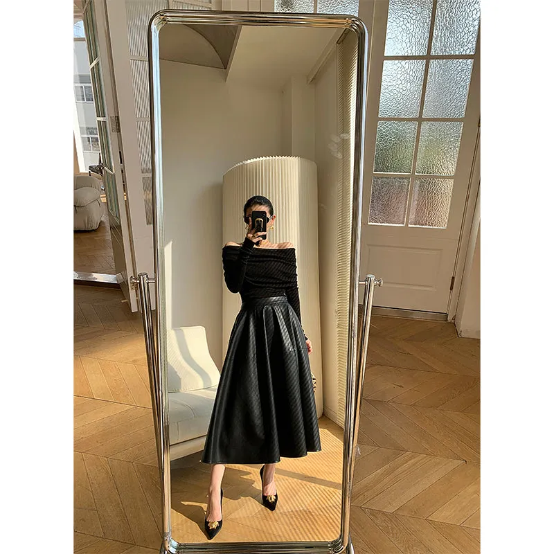 WANXO black vegan leather skirt new high waist A-line skirt umbrella skirt mid-length skirt- Riri