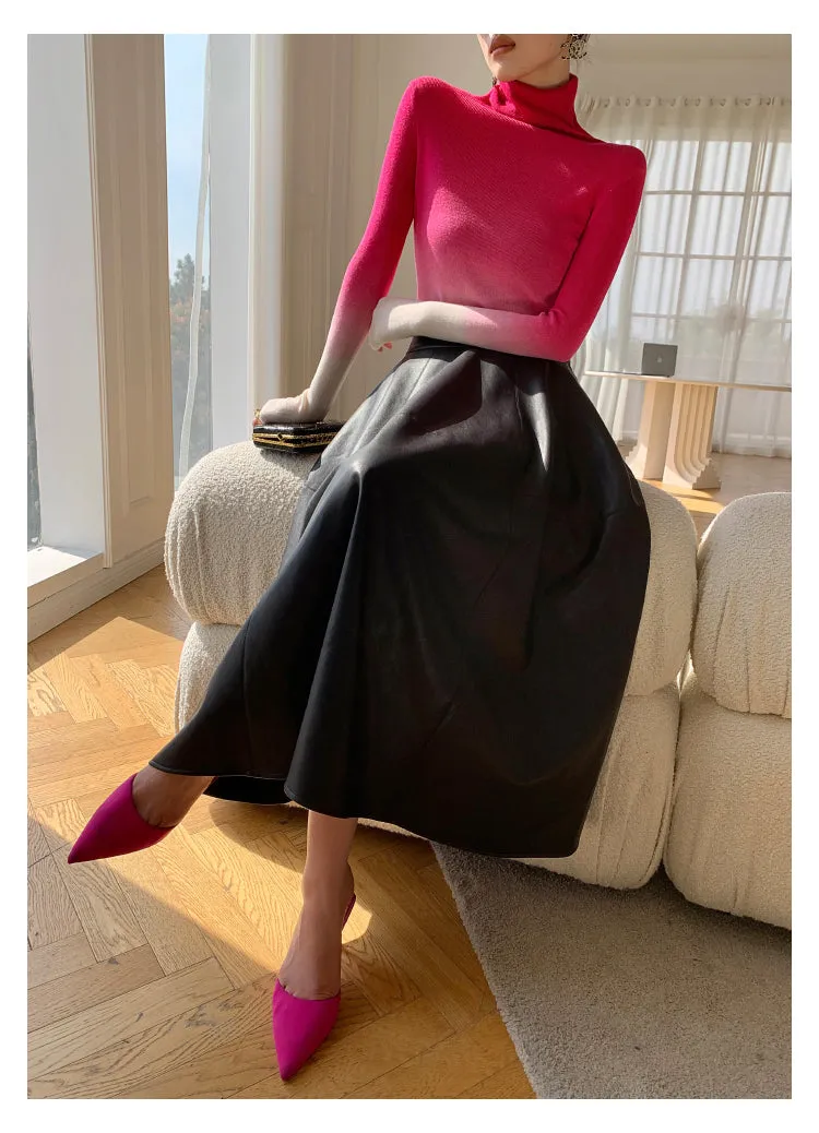 WANXO black vegan leather skirt new high waist A-line skirt umbrella skirt mid-length skirt- Riri