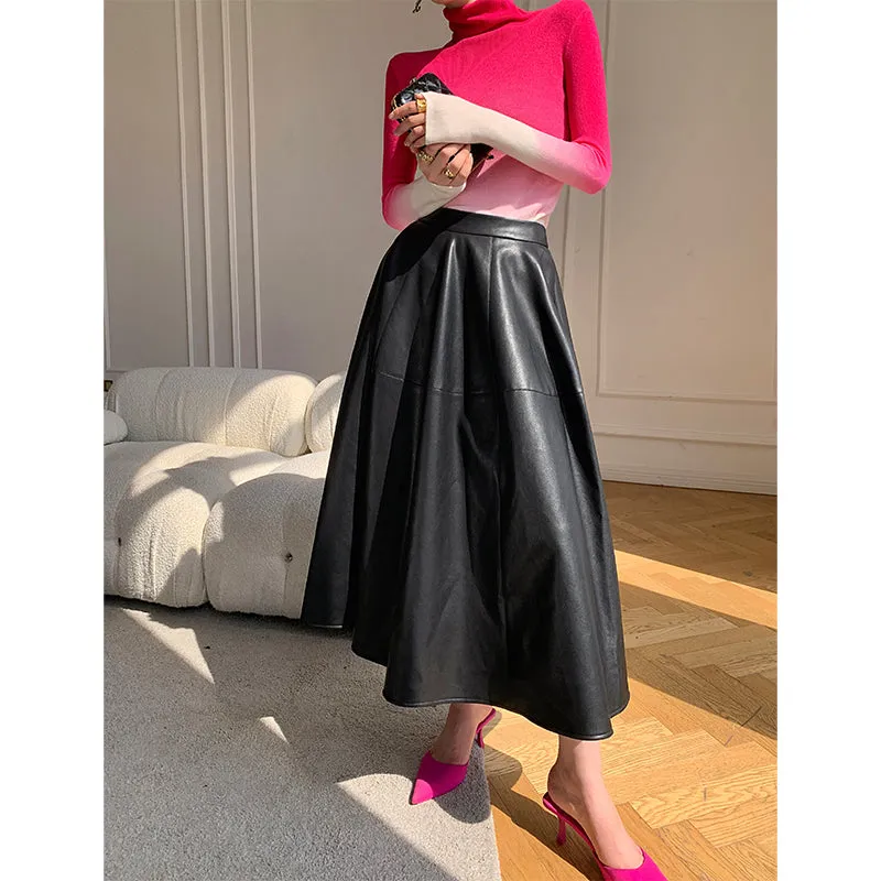 WANXO black vegan leather skirt new high waist A-line skirt umbrella skirt mid-length skirt- Riri