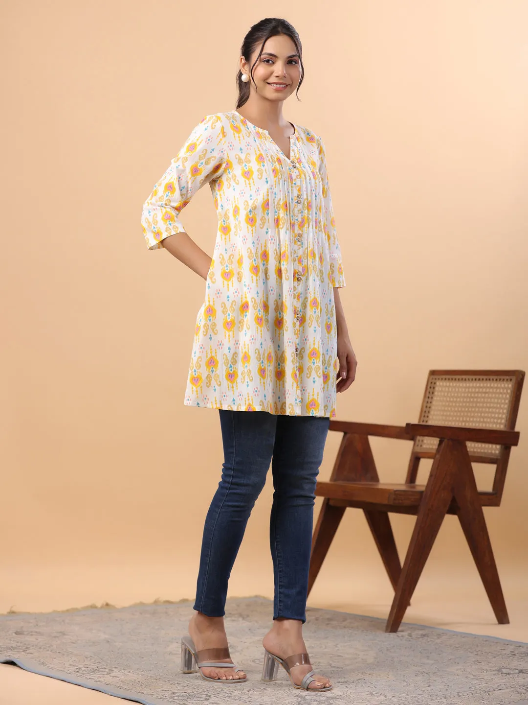 White Cotton Ikkat Pleated Tunic  - By Janasya