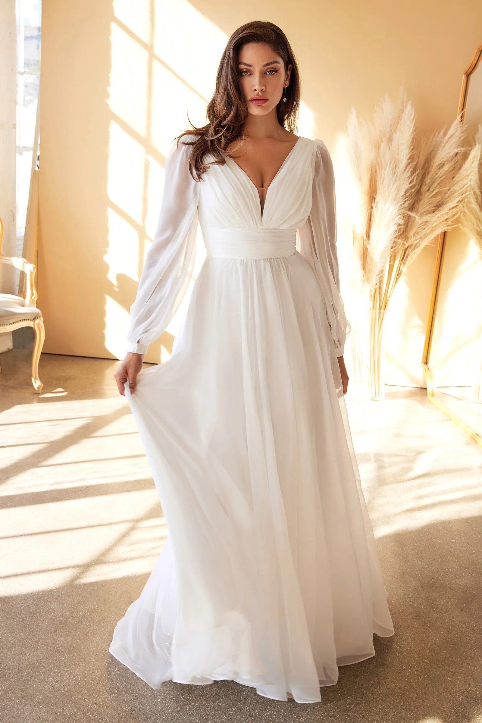 White Long Sleeve Chiffon Gown by Cinderella Divine CD0192W