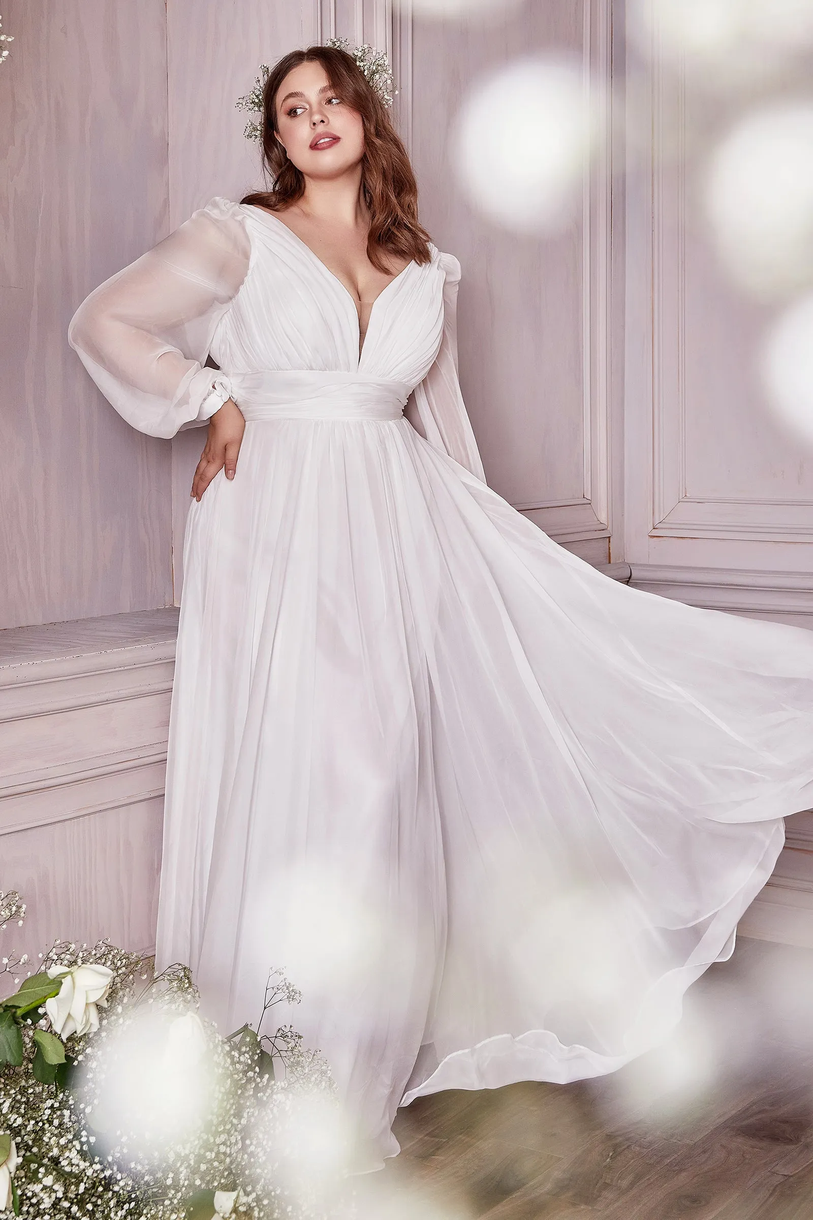 White Long Sleeve Chiffon Gown by Cinderella Divine CD0192W