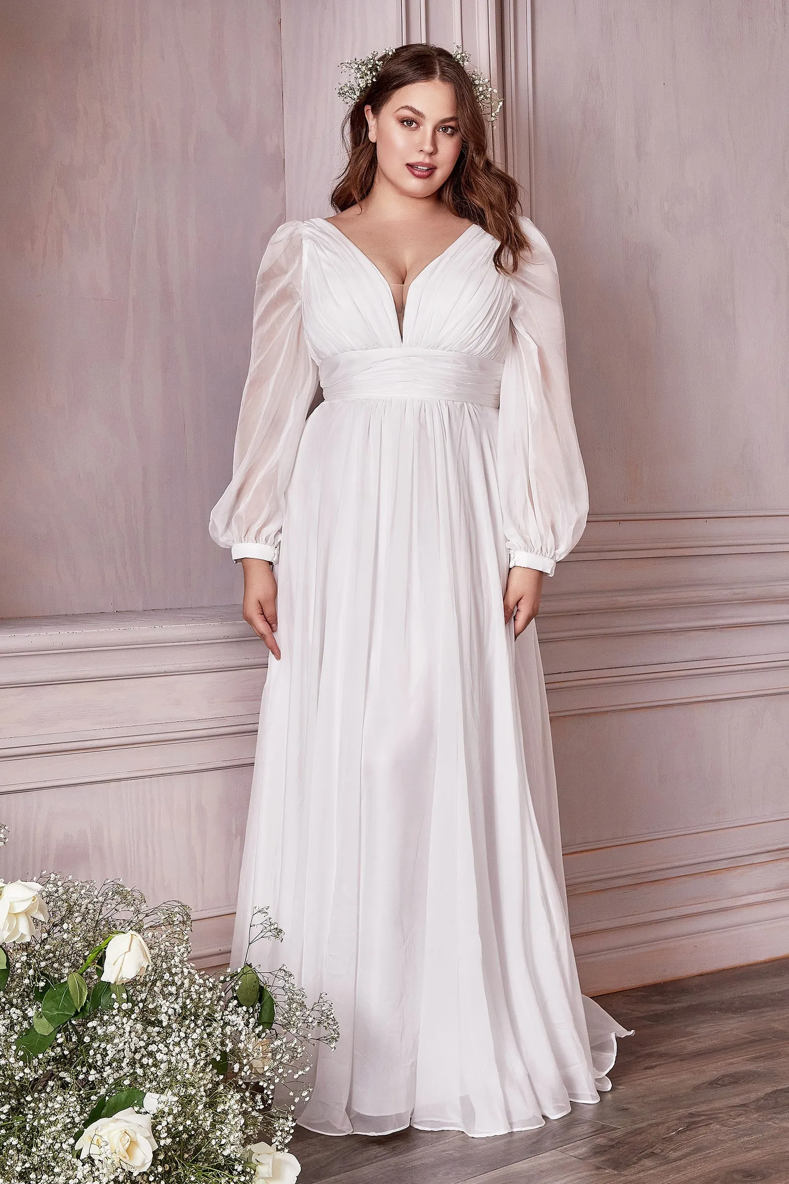 White Long Sleeve Chiffon Gown by Cinderella Divine CD0192W