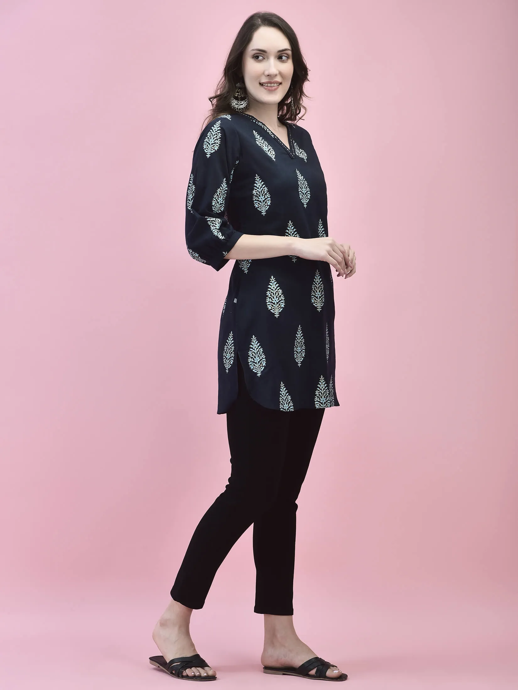 Women Cotton Navy Blue Tropical Print Tunic