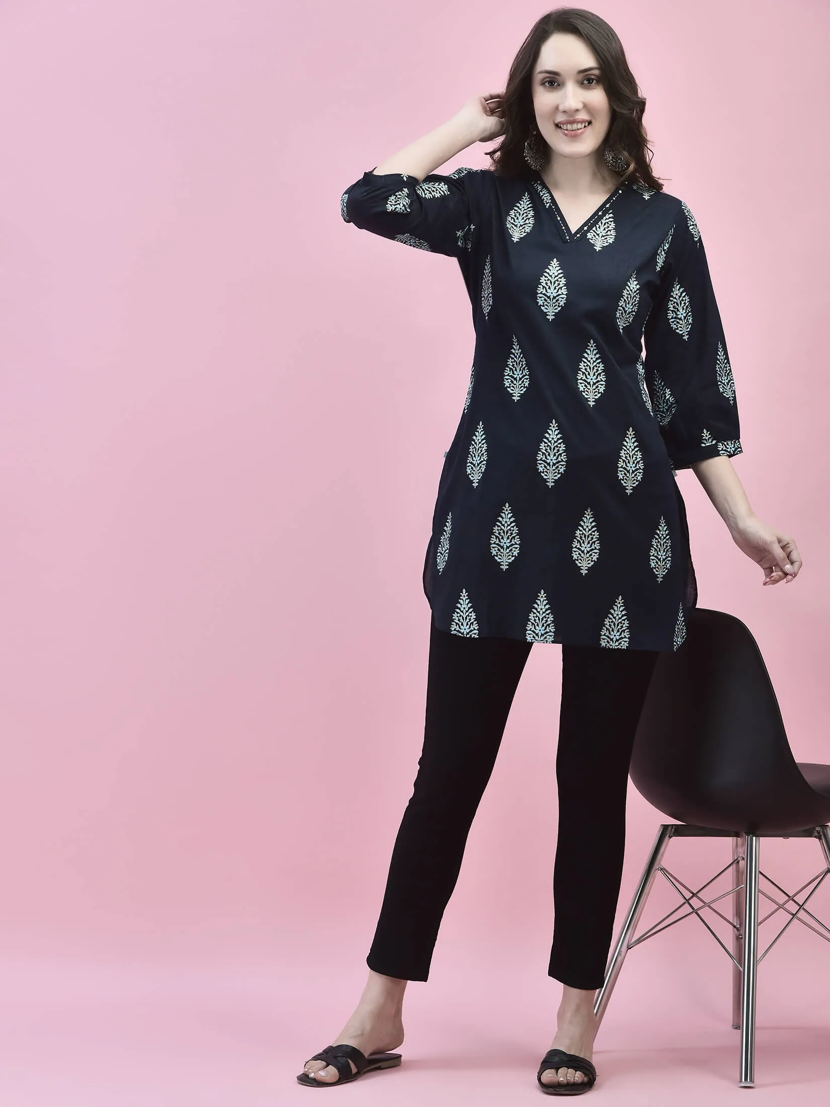 Women Cotton Navy Blue Tropical Print Tunic