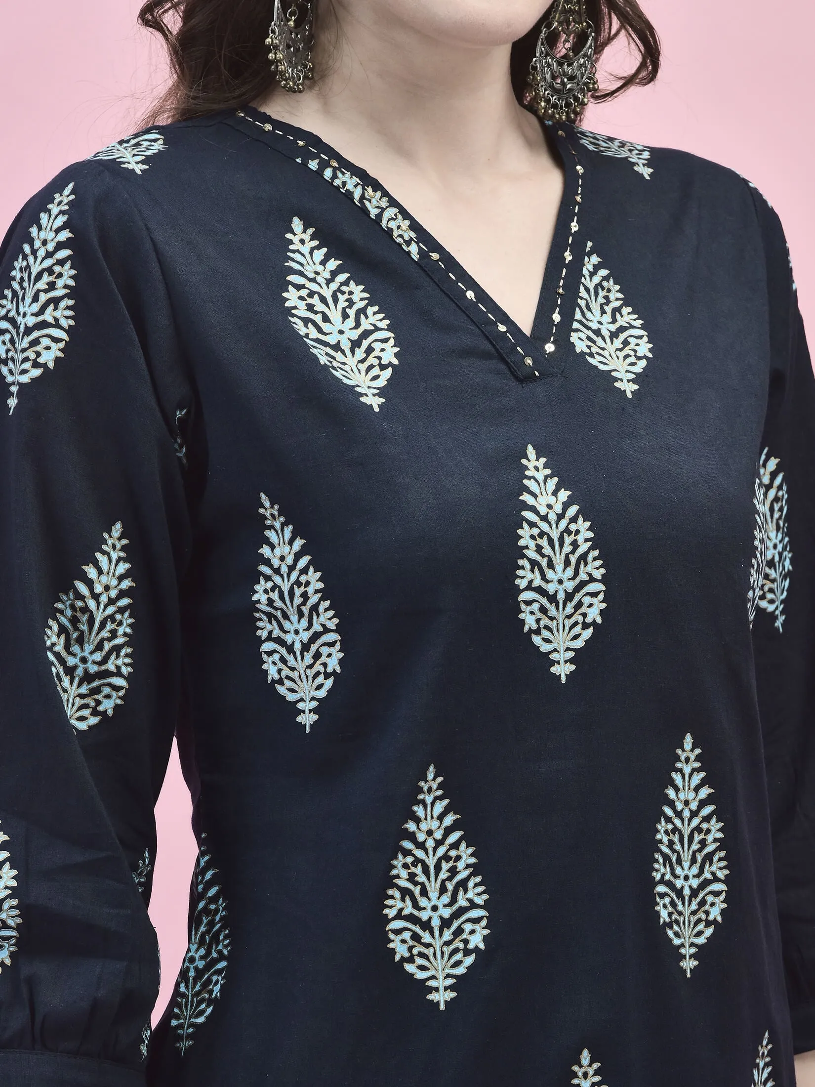 Women Cotton Navy Blue Tropical Print Tunic