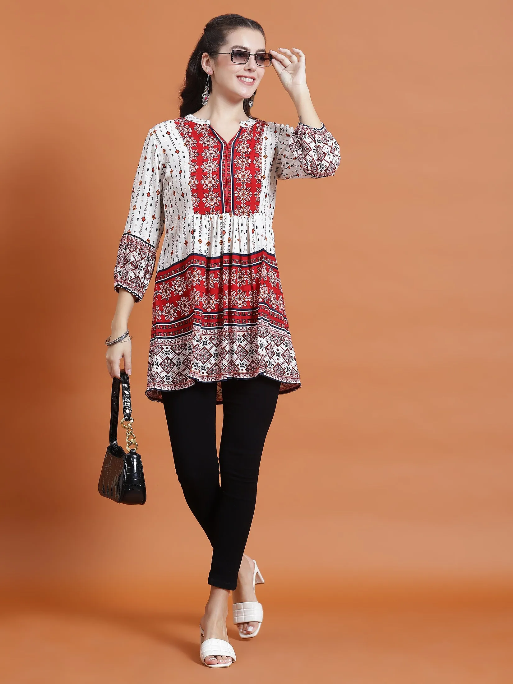 Women Red Geometric Print Tunic