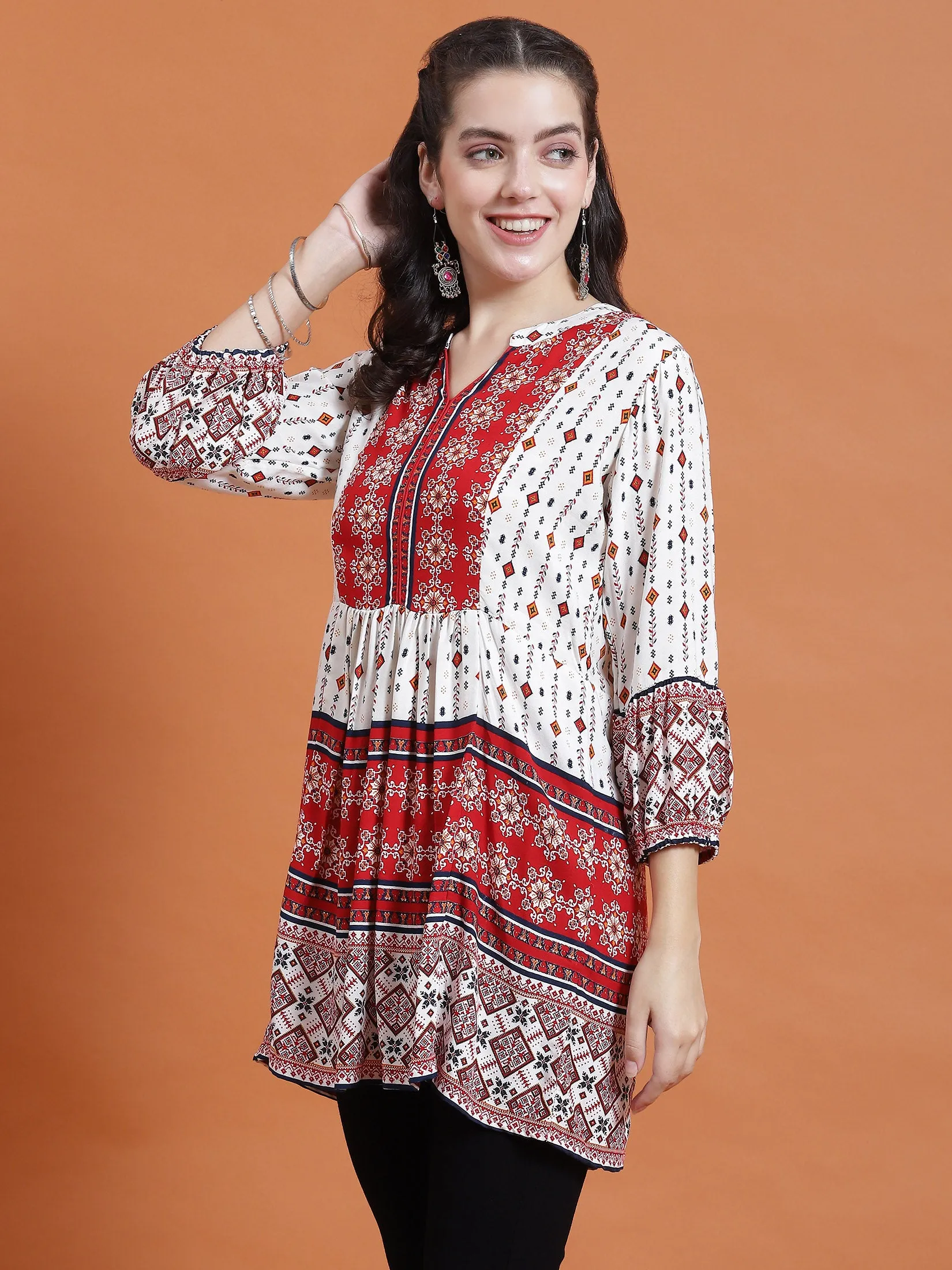 Women Red Geometric Print Tunic