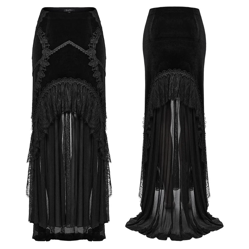 Women's Gothic Ruffled Lace Splice Velvet Fishtailed Skirt