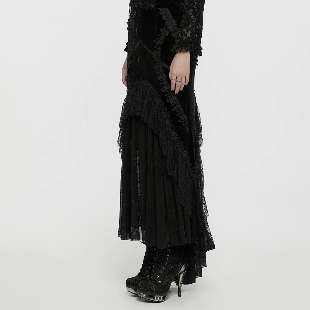 Women's Gothic Ruffled Lace Splice Velvet Fishtailed Skirt