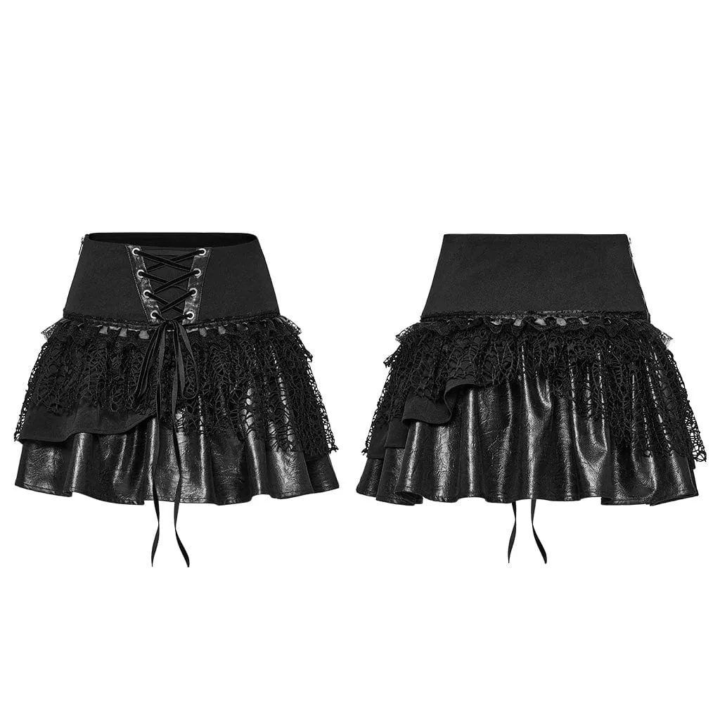 Women's Punk Lace-up Mesh Splice Layered Skirt