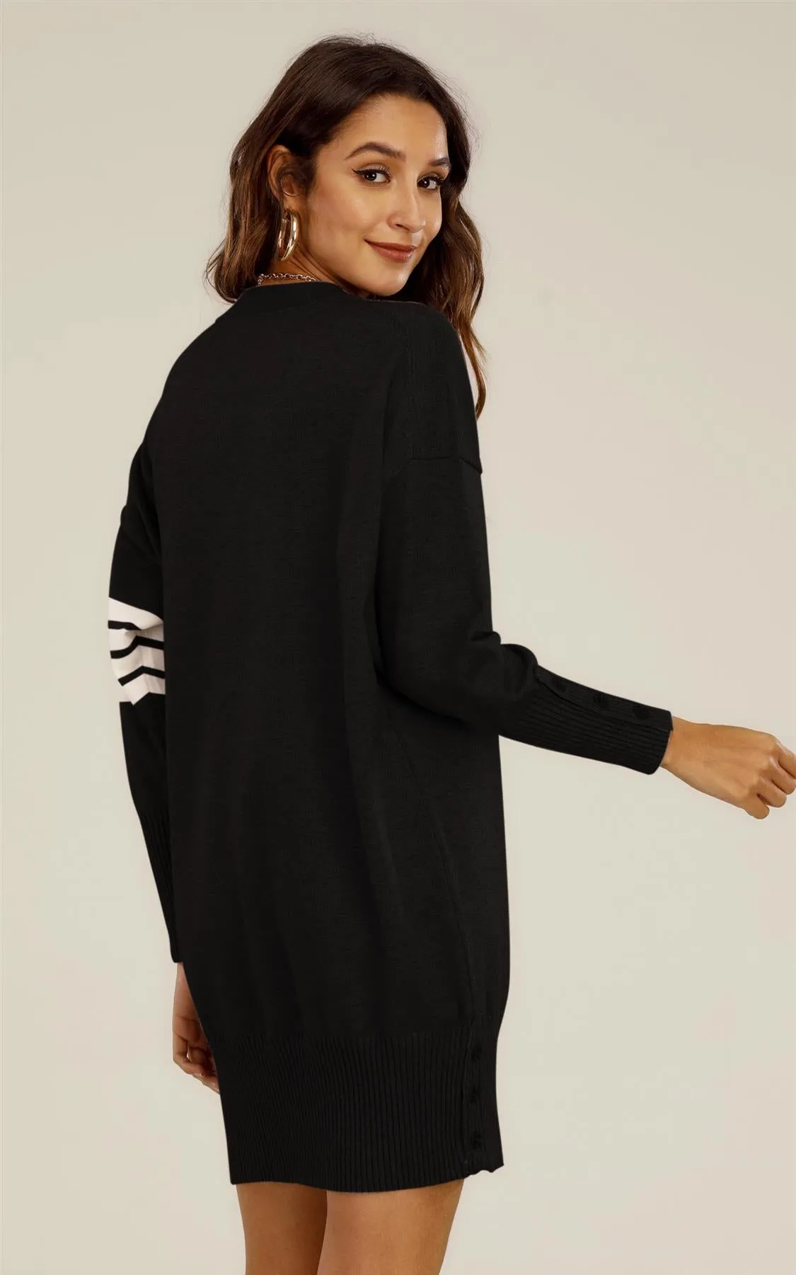 Wool Knitted Tunic Jumper Dress With White Stripe In Black