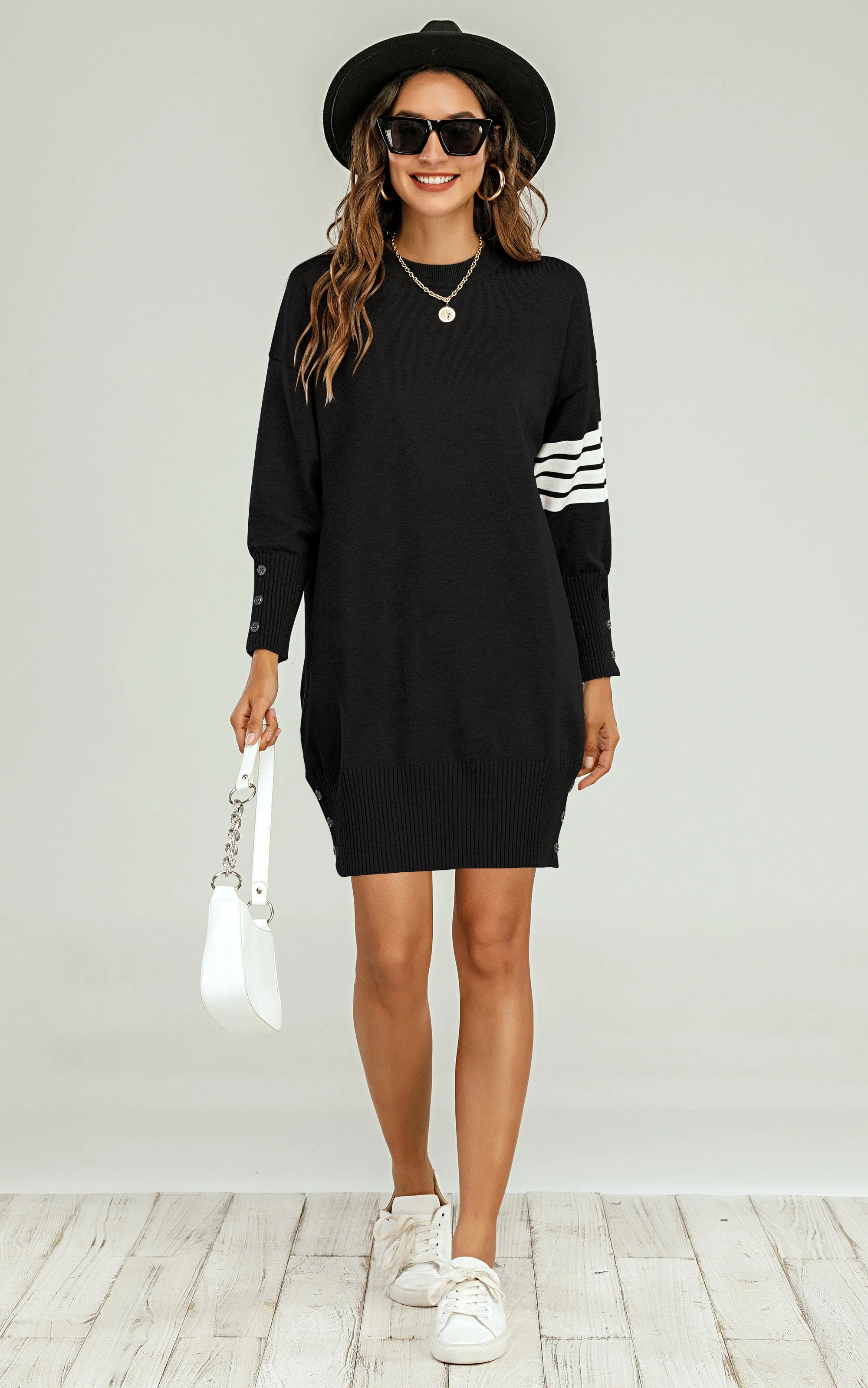 Wool Knitted Tunic Jumper Dress With White Stripe In Black