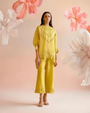 Yellow Multi Tonal Cutwork Kimono Tunic With Pants